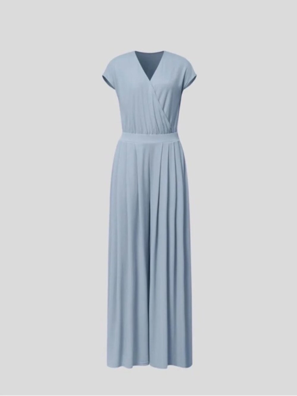 V Neck Short Sleeve Side Pocket Wide Leg Flowy Waffle Casual Jumpsuit Blue XL